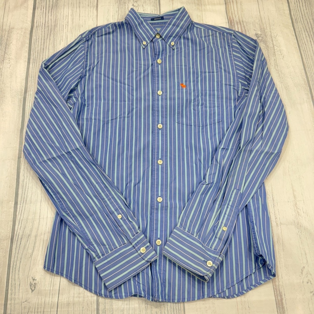 Abercrombie & Fitch Muscle Button Shirt L Blue Stripe Mens Moose Logo